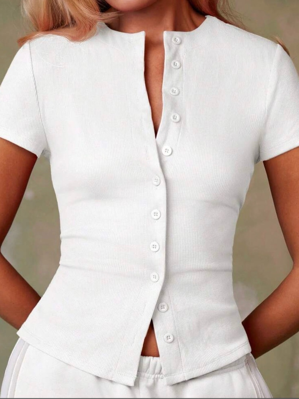 SHEIN White Ribbed Button-Front Short Sleeve Top